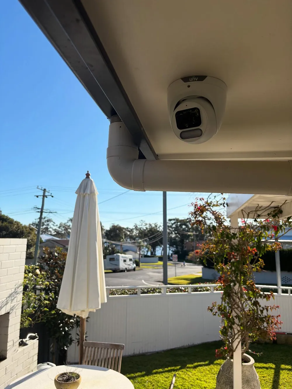 Uniarch Owlview security camera installed beneath a covered outdoor area in Port Stephens